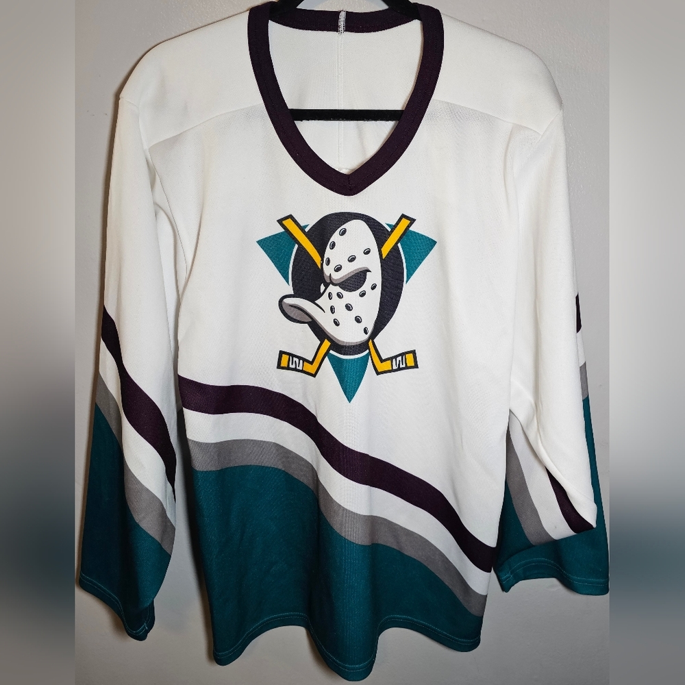 Vintage Anaheim Mighty Ducks CCM Hockey Jersey NHL White Teal Purple Men's Small